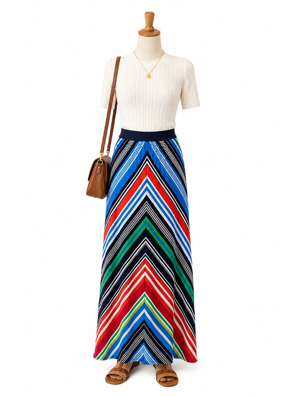Maxi Skirt Chevron Stripe Colorful Stretch Pull On Boho Resort Coastal L